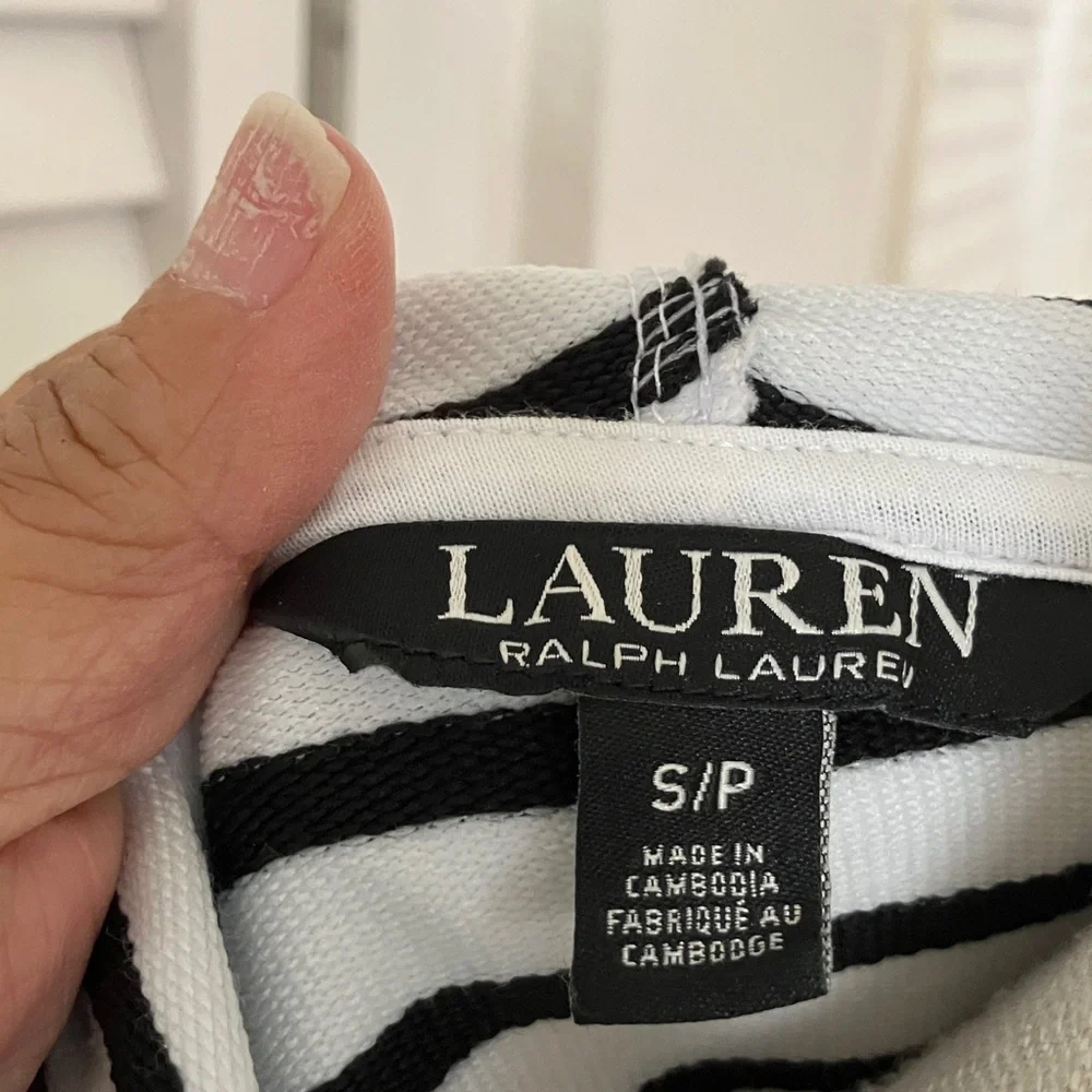 Lauren Ralph Lauren White and Black Striped Snaps-Neck Sweater‎ with Hoodie SP